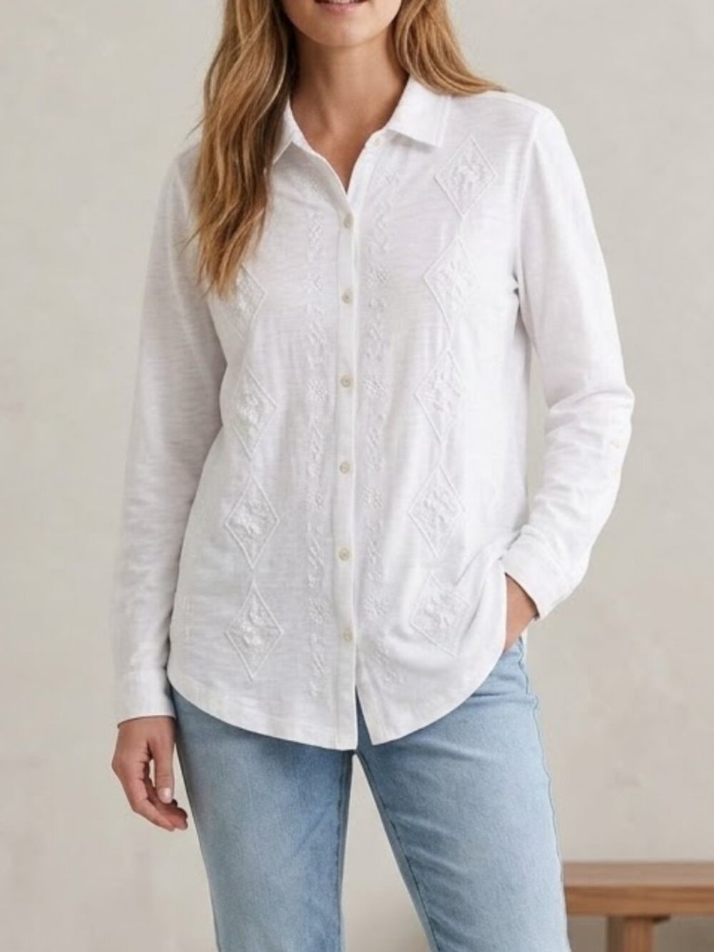 Sigrid Olsen White Embroidered Button Down 100%Cotton Top Large Cottagecore Boho